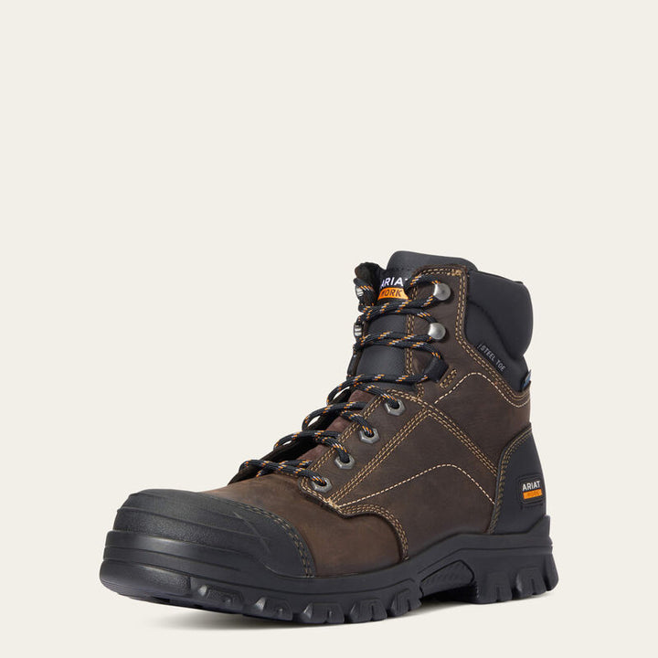 A brown waterproof steel toe work boot with a lace-up closure, designed for men.