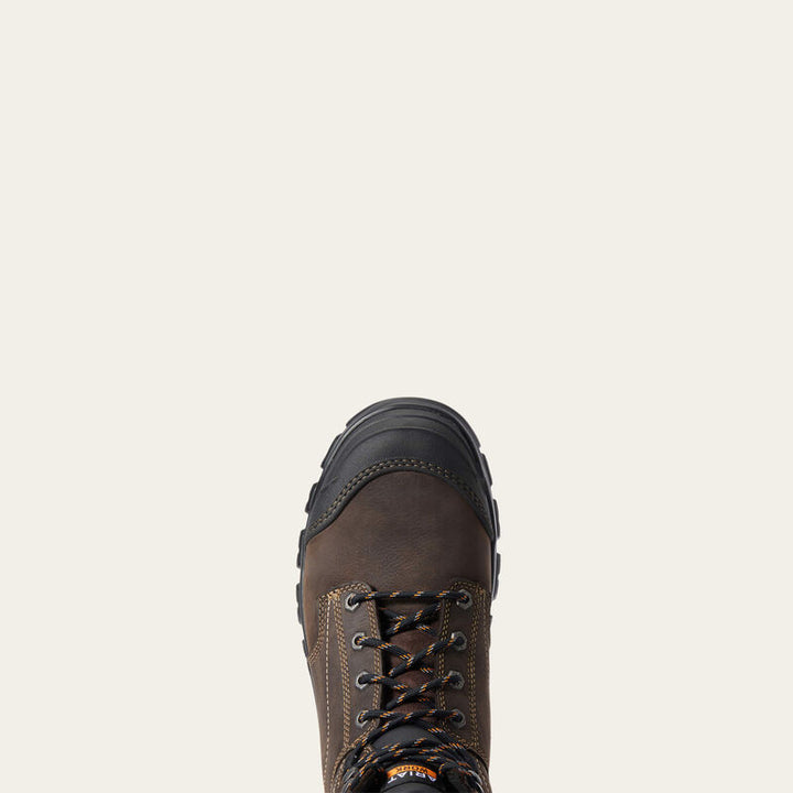 Top down view of a brown and black work boot. 