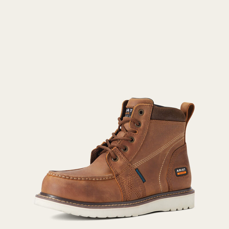 A brown, lace-up, moc toe work boot with a flat bottom and wedge sole.