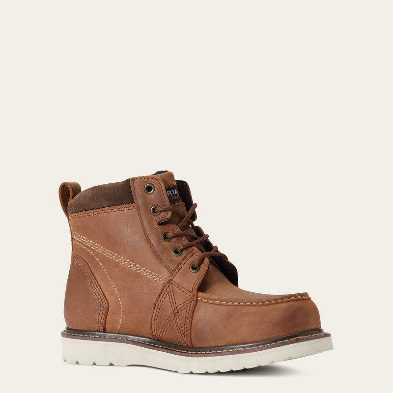 A brown leather boot with brown laces on a white background. 