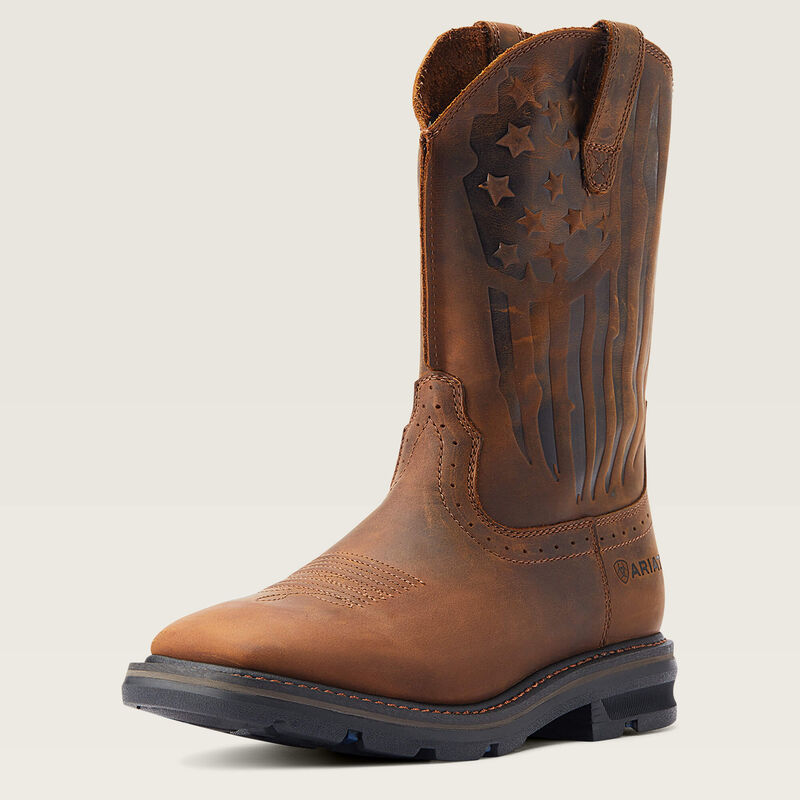 Brown leather boot with American flag design on a beige background