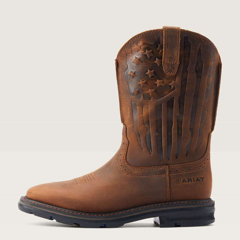 Brown cowboy boot with American flag design on a light gray background