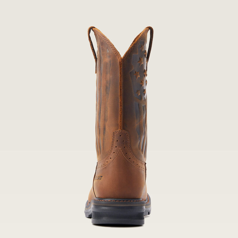 Brown leather boot with a decorative pattern on a beige background