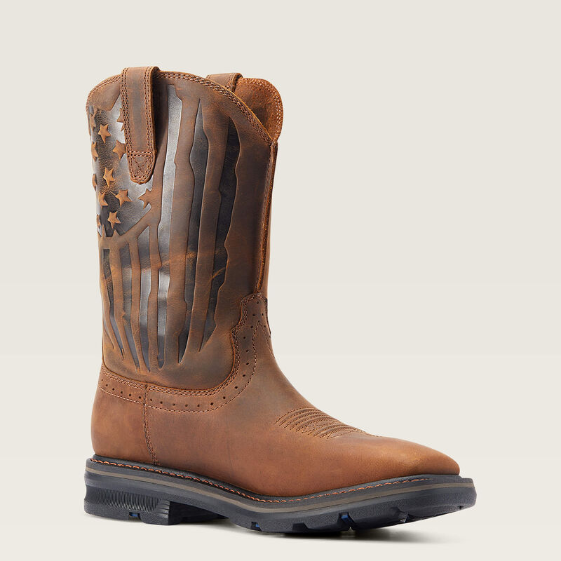 Brown cowboy boot with American flag design on a beige background