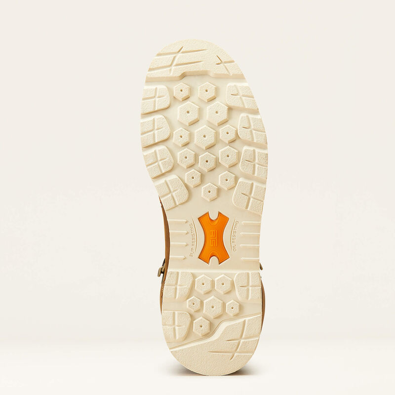 Close-up of a shoe sole with a brand logo on a light gray background