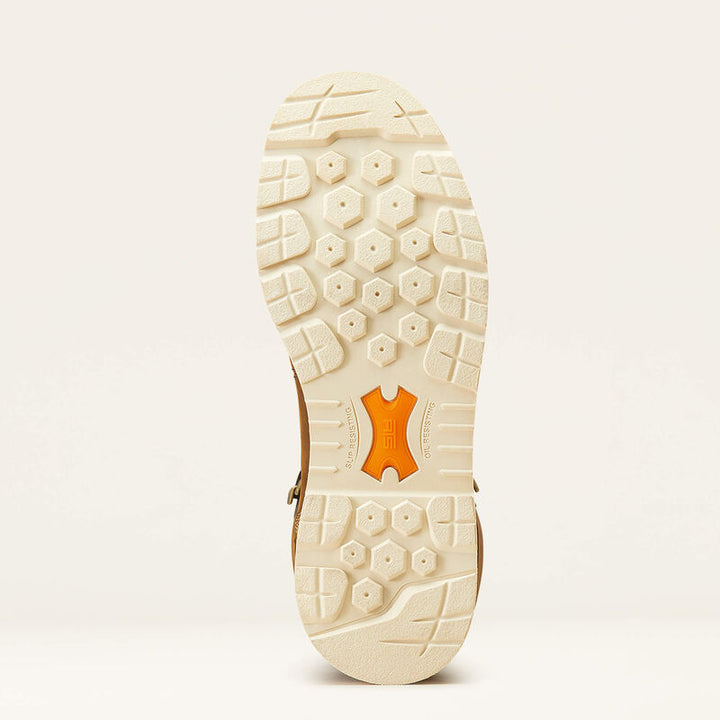 Close-up of a shoe sole with a brand logo on a light gray background