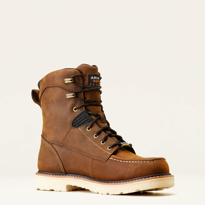Brown leather boot with visible brand logo on a beige background