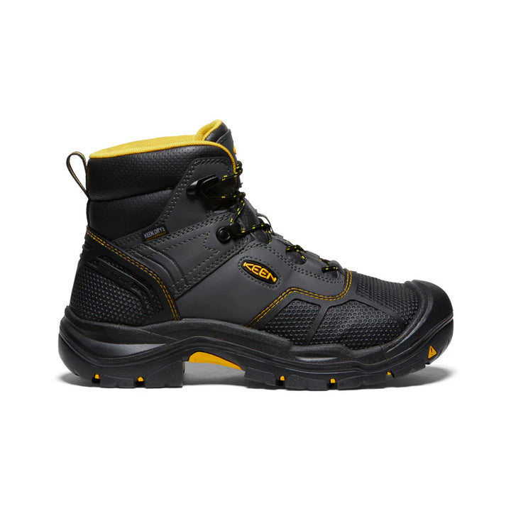 Black and yellow work boot with Keen logo on a white background