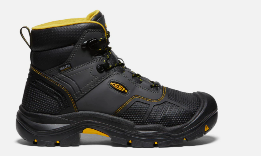 Black and yellow work boot with Keen logo on a white background