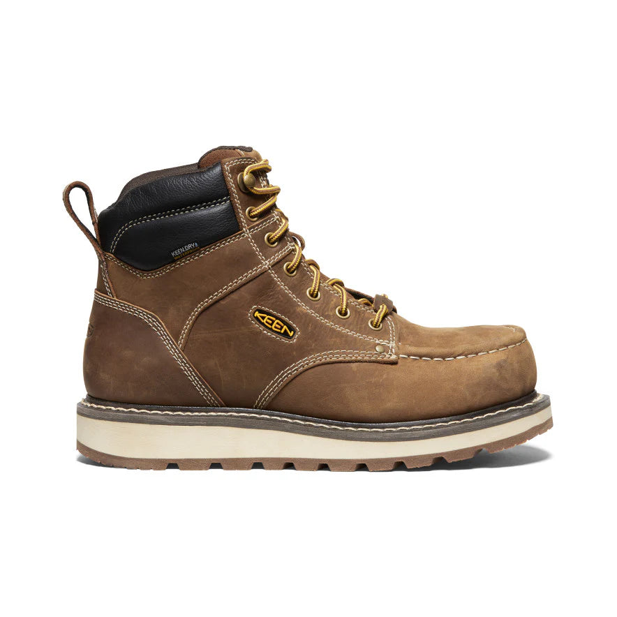 Brown work boot with Keen logo on a white background
