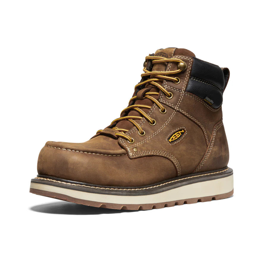 Brown leather boot with yellow laces on a white background