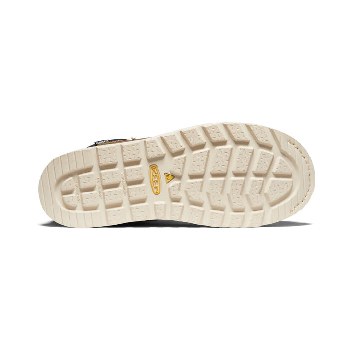 Close-up of a shoe sole with a brand logo on a white background