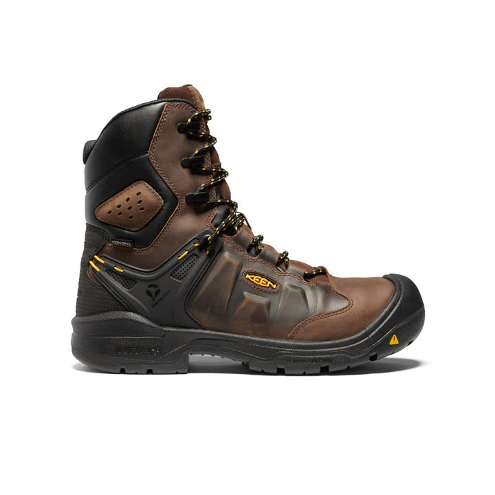 Brown and black boot with Keen logo on a white background