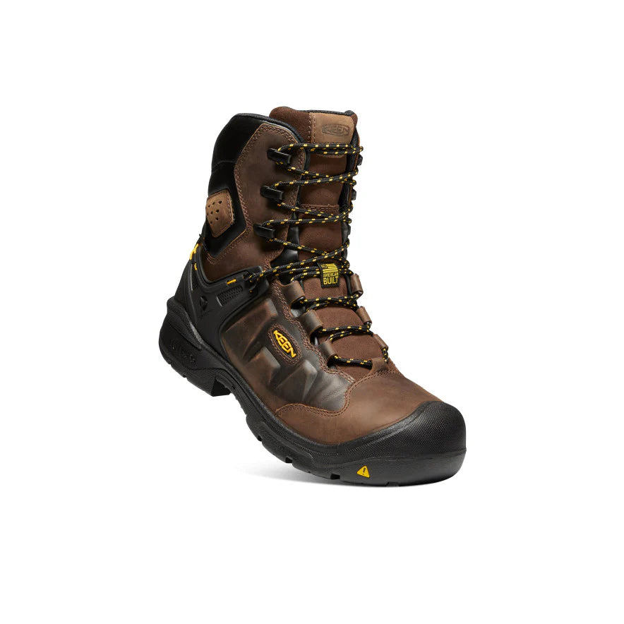 Brown and black boot with visible brand logo on a white background