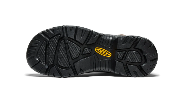 Black work boot sole with Keen logo on a white background