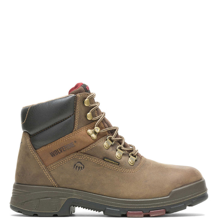 A brown composite toe-waterproof boot with a lace-up closure, rubber lug outsole, and a cushioned footbed.
