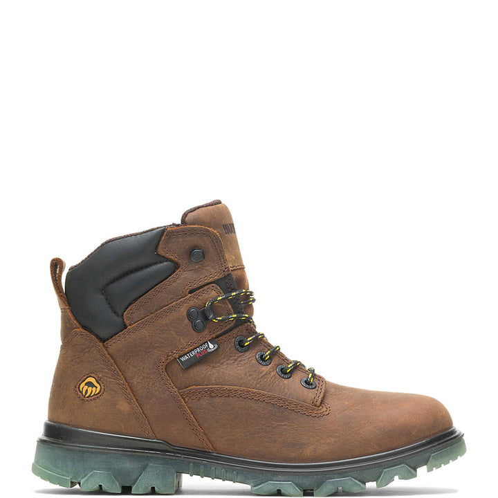 A brown composite toe-waterproof boot with a lace-up closure, shown from the side, featuring a yellow and black logo near the top.