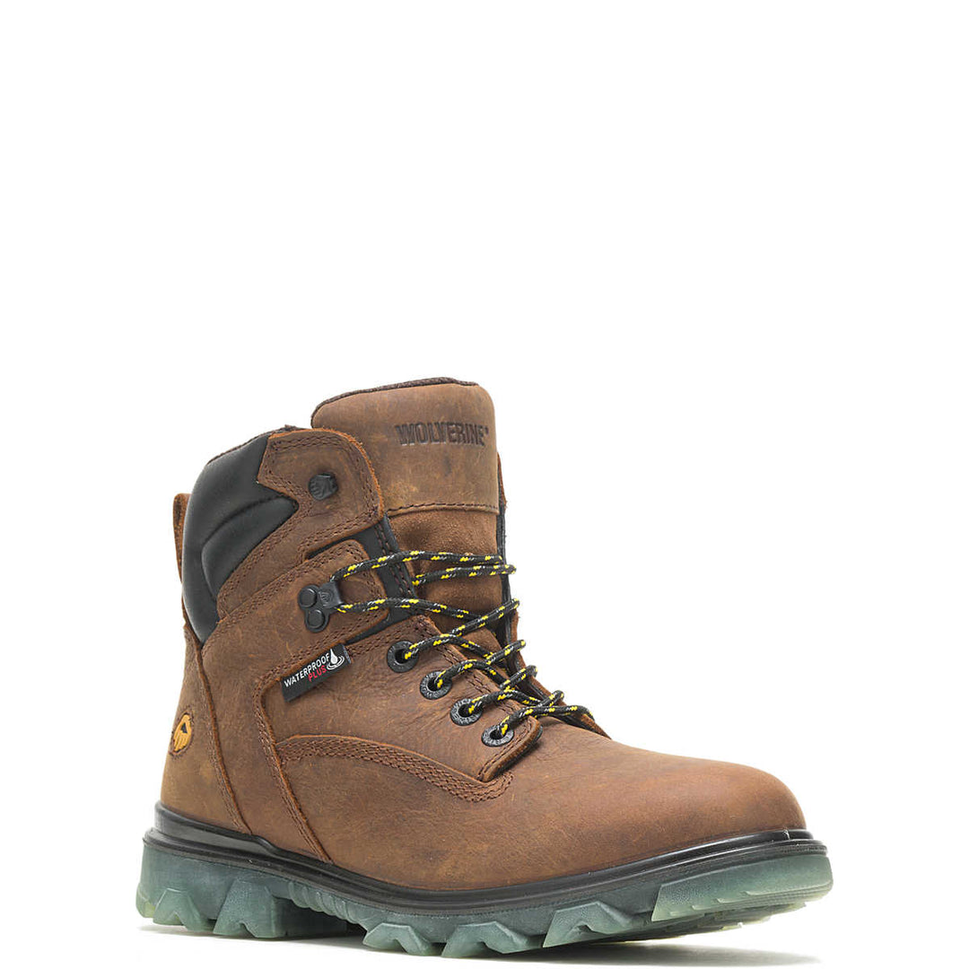 The front of a brown work boot