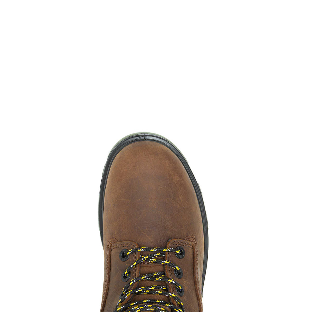 Top down view of a brown work boot toe