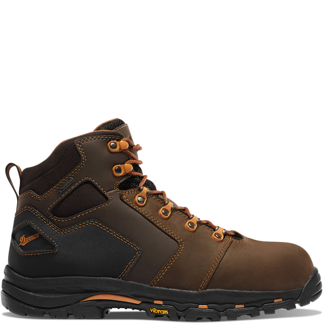 A brown and orange men's work boot with lace-up closure and a composite toe. It features a Vibram outsole and is designed for indoor and outdoor use.