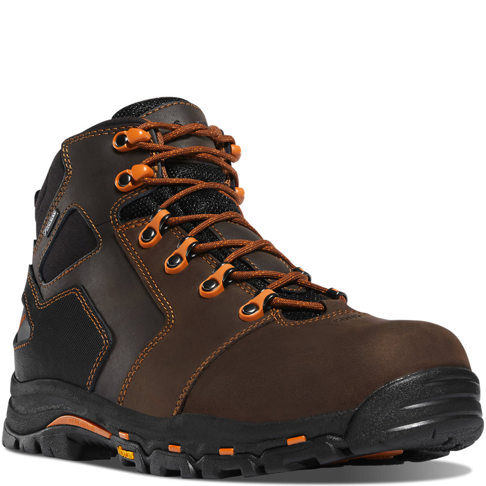 A brown and orange men's work boot with lace-up closure and a composite toe. It features a Vibram outsole and is designed for indoor and outdoor use.