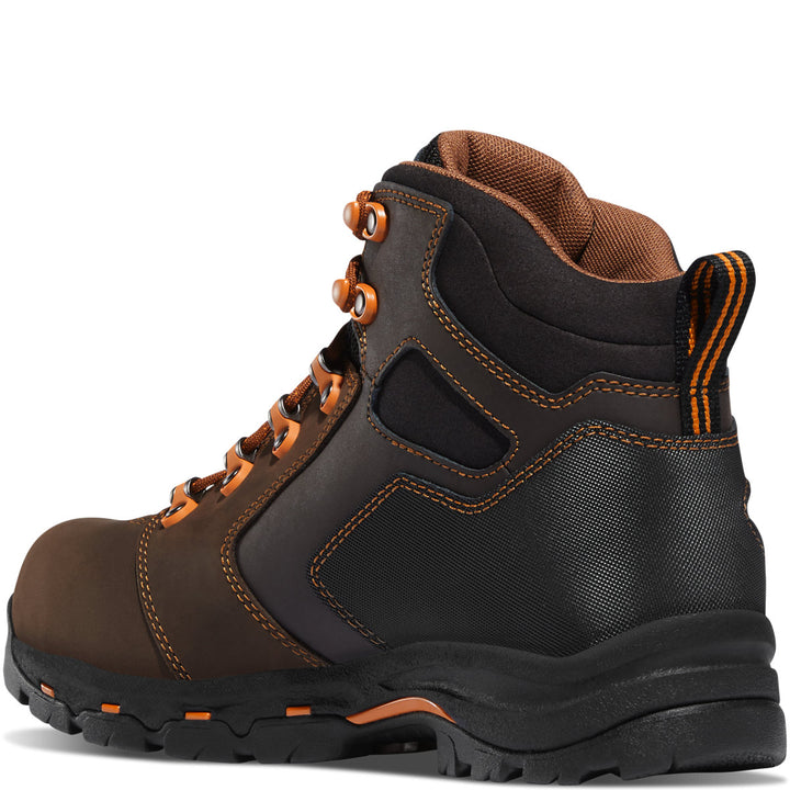 A brown and orange boot with a white background. 