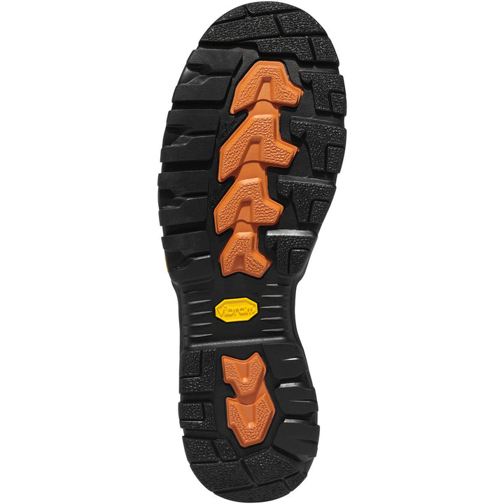 The image shows the bottom sole pattern of a brown and orange boot with a mix of solid and patterned sections, indicating traction and non-slip features.