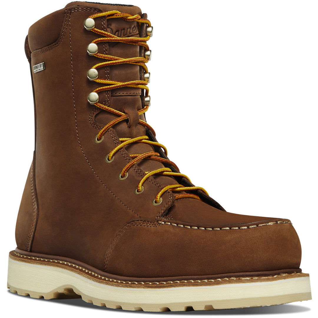 A brown leather lace-up boot with a rubber outsole and yellow laces.