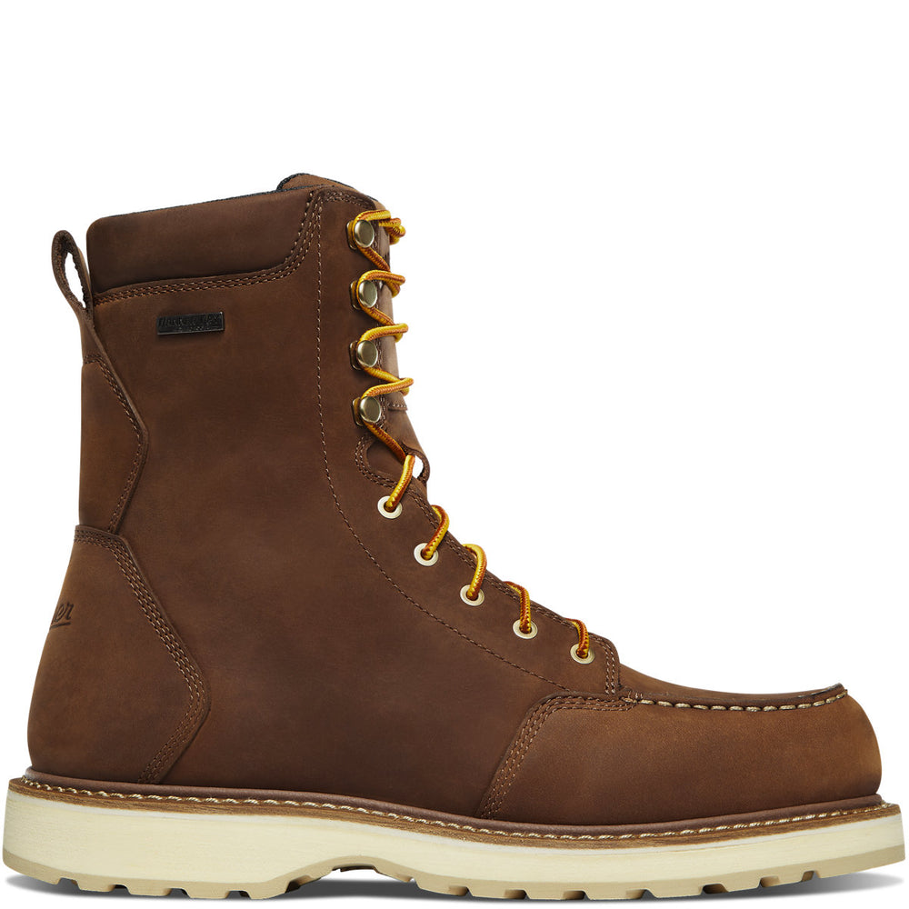 A brown boot with yellow laces with a white background. 