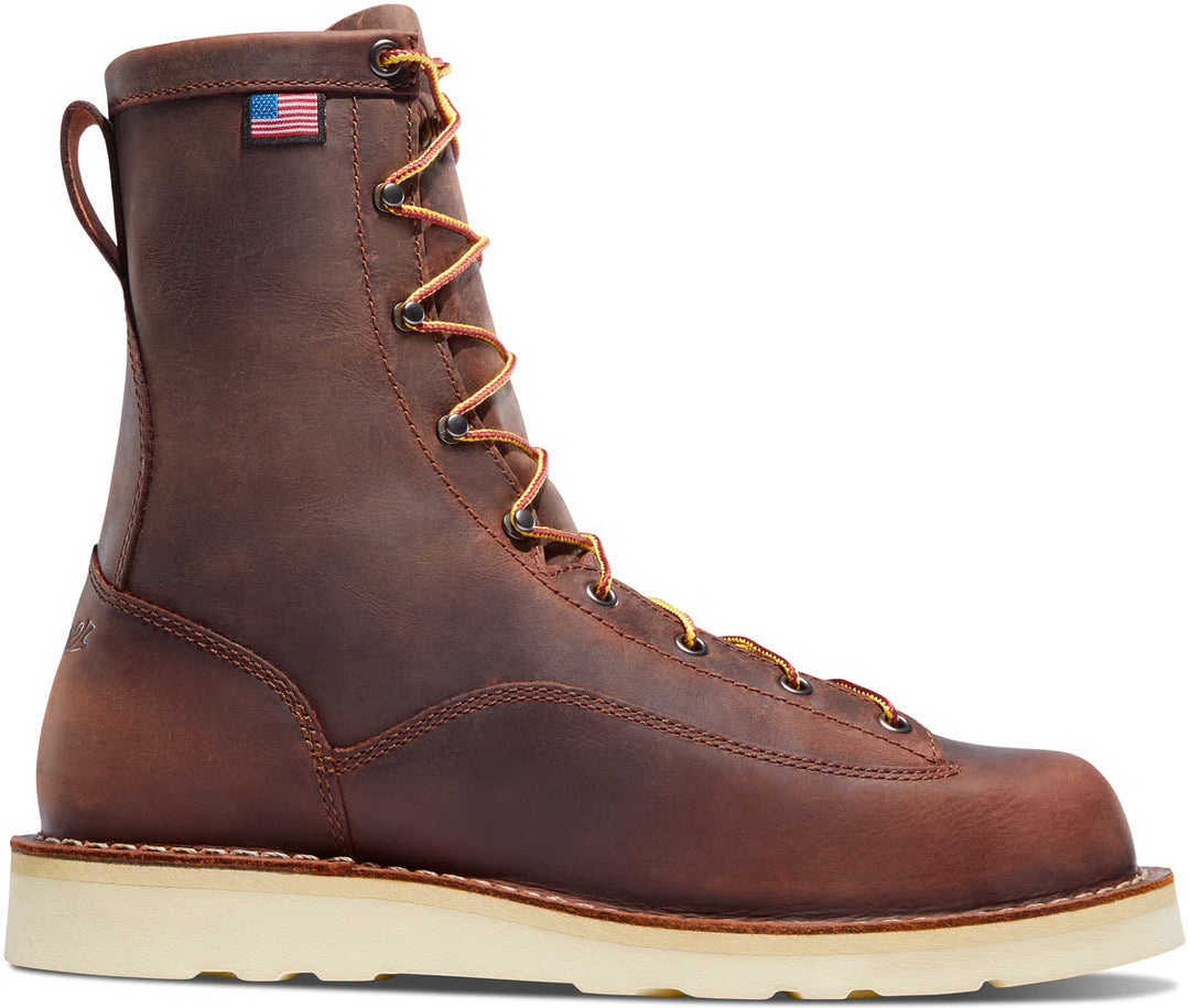 Brown leather boot with American flag patch on a white background