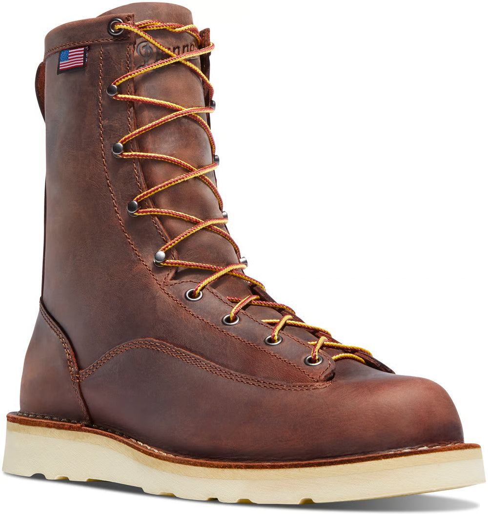 Brown leather boot with orange laces on a white background