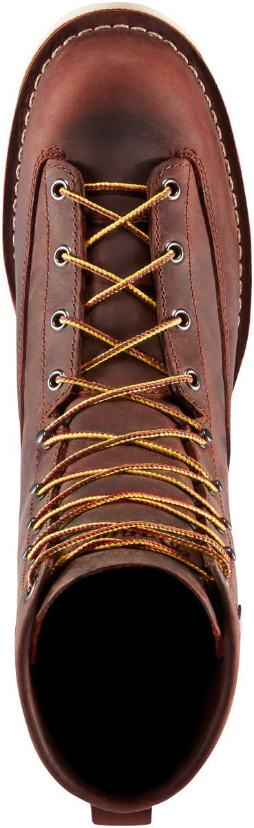 Brown leather boot with yellow laces on a white background