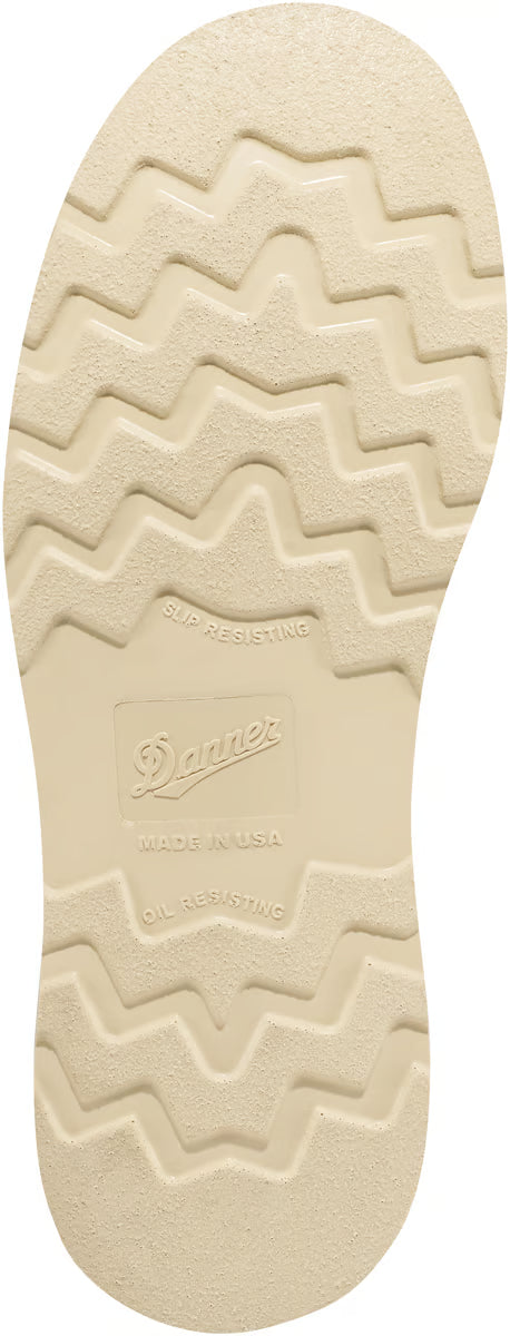 Close-up of a beige shoe sole with a brand logo on a white background
