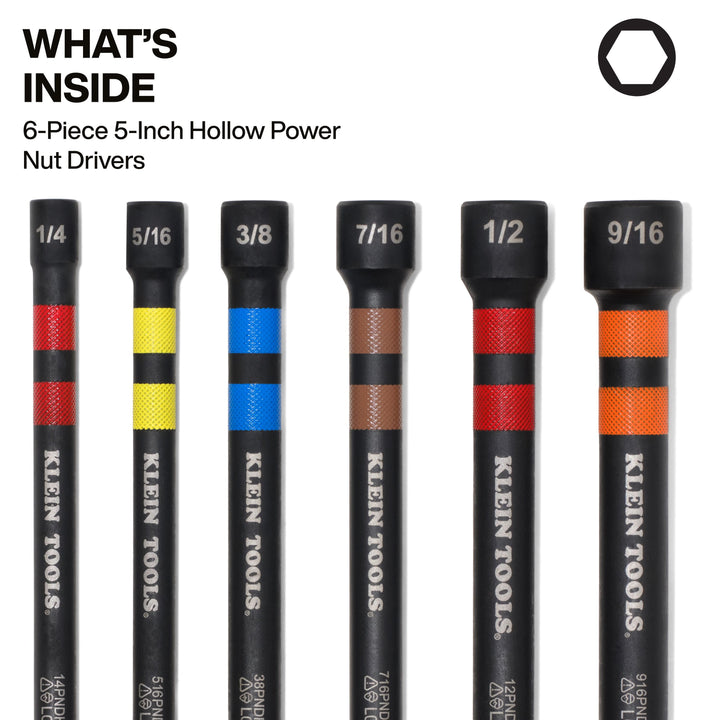 Magnetic Hollow Color-Coded Power Nut Drivers Set, 6-Piece