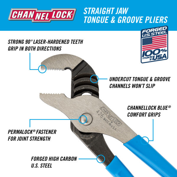 426 Channellocks 6.5-INCH STRAIGHT JAW TONGUE & GROOVE PLIERS