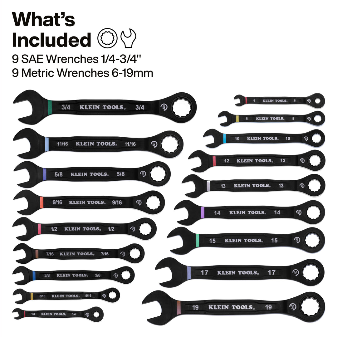 Ratcheting Combination Wrench Set, SAE / Metric, 18-Piece