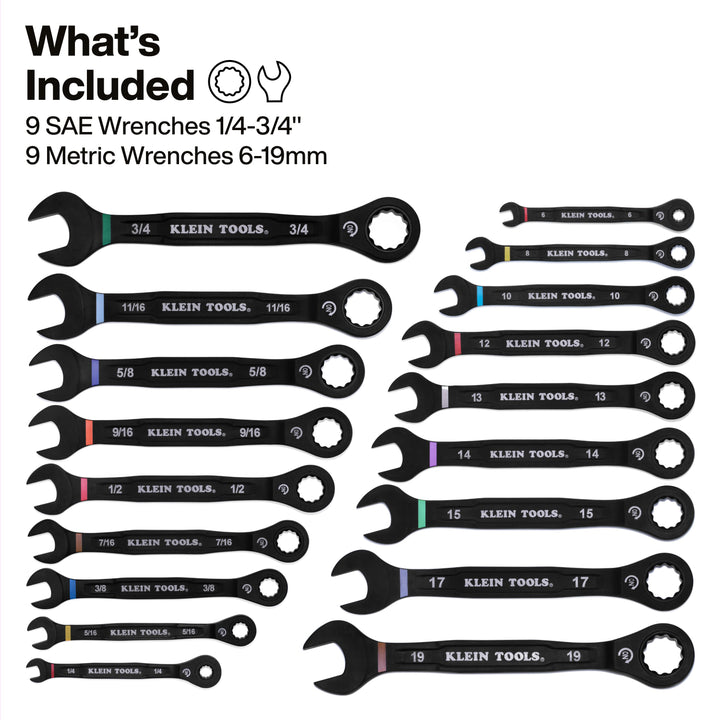 Ratcheting Combination Wrench Set, SAE / Metric, 18-Piece