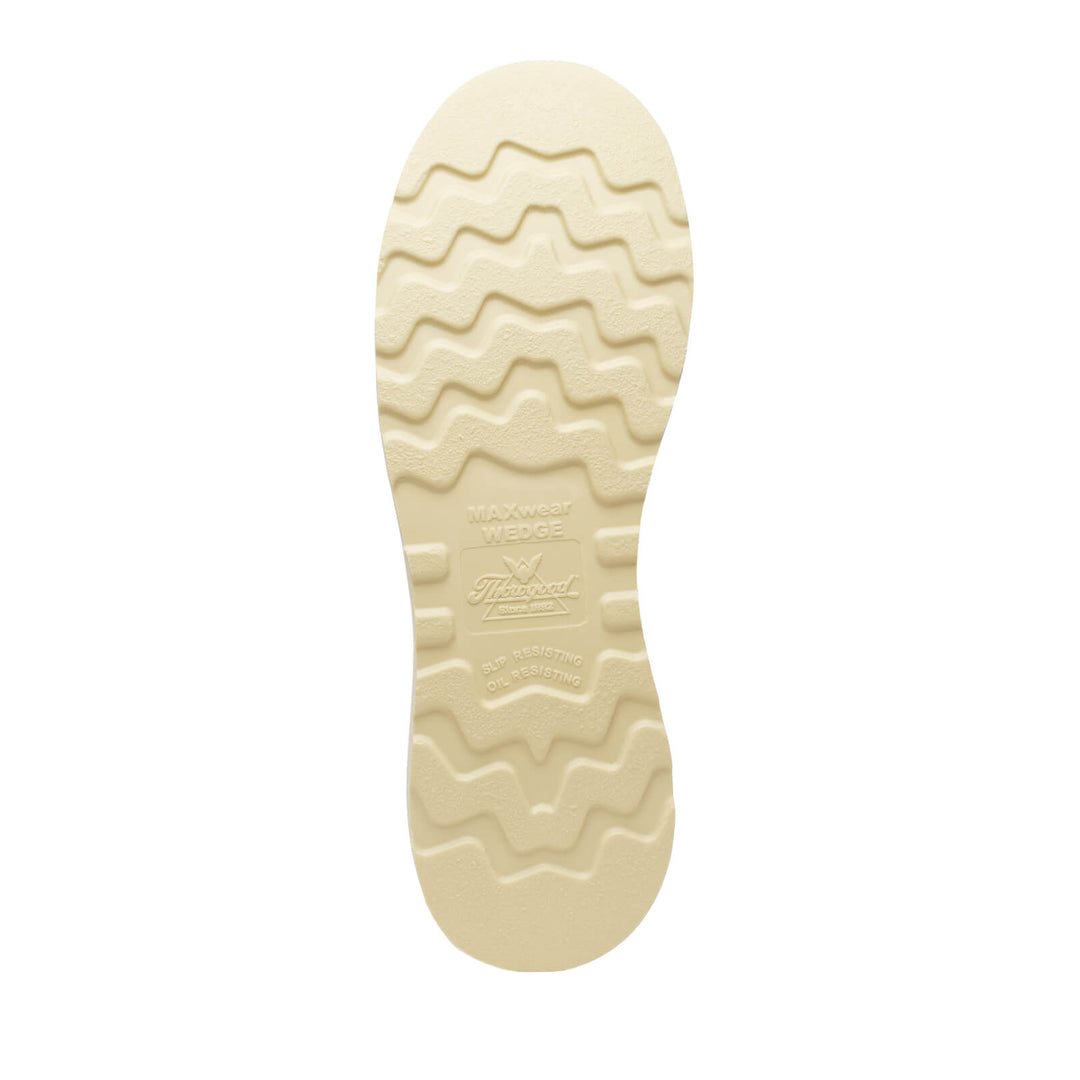 Close-up of a beige shoe sole with tread pattern on a white background