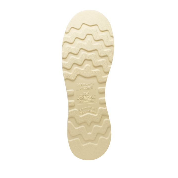 Close-up of a beige shoe sole with tread pattern on a white background