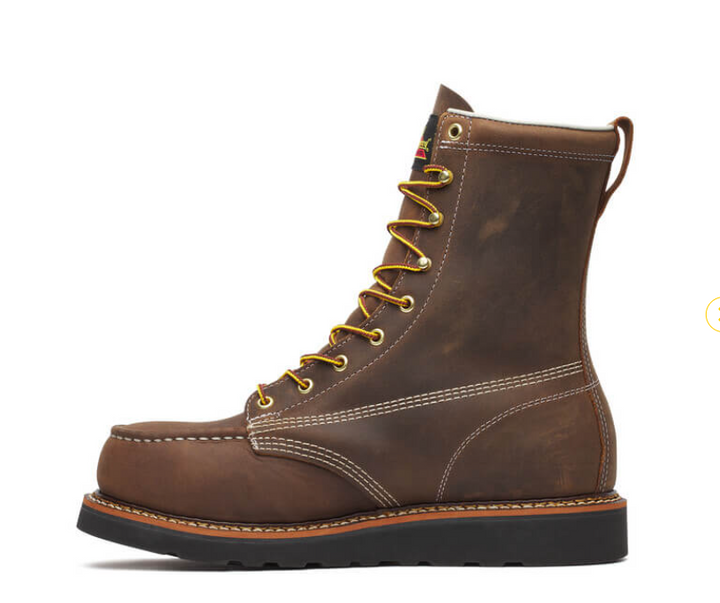 Brown leather boot with gold laces on a white background