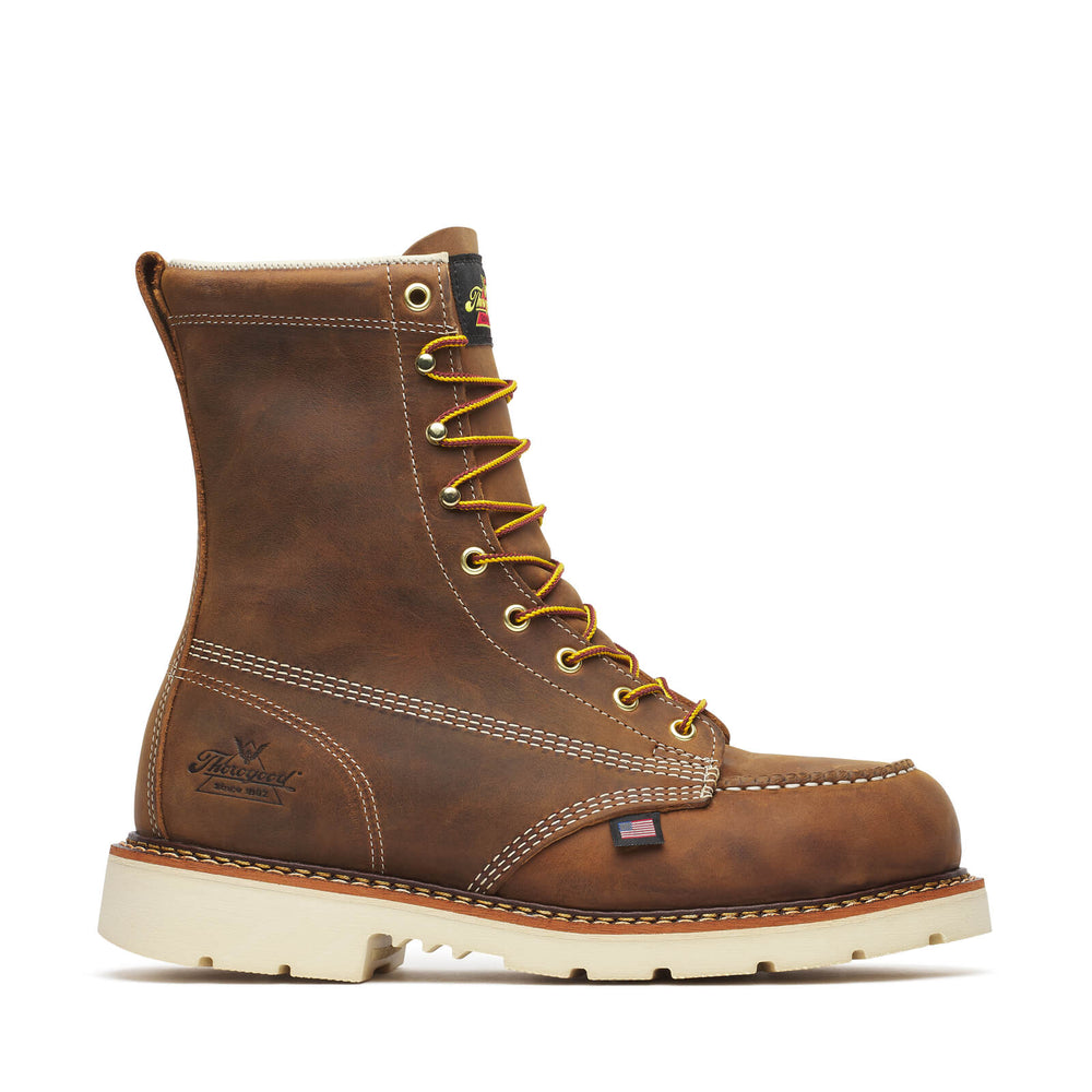 Brown leather boot with yellow laces on a white background