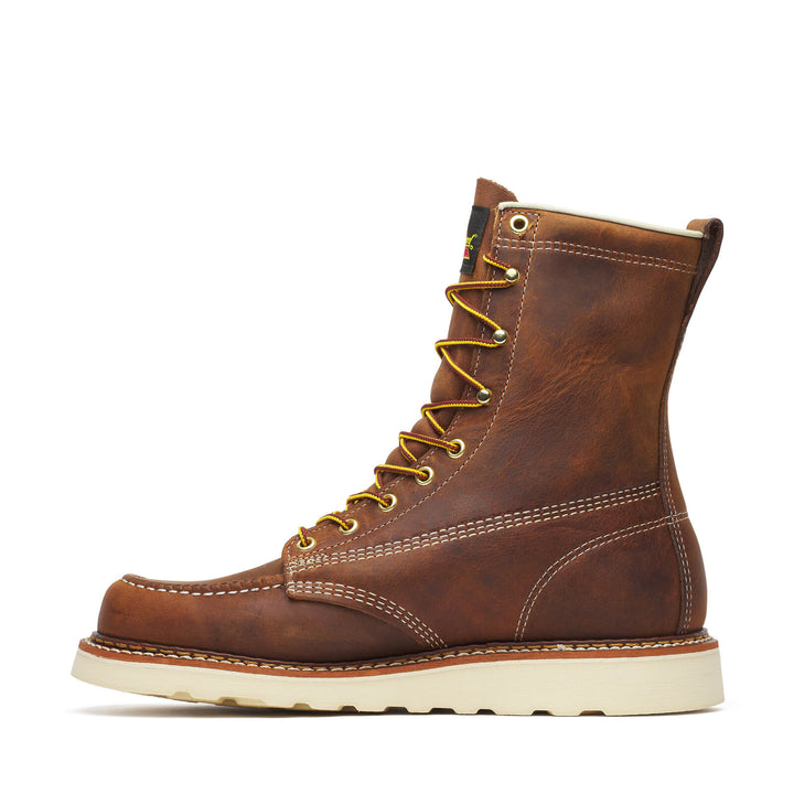 Brown leather boot with yellow laces on a white background