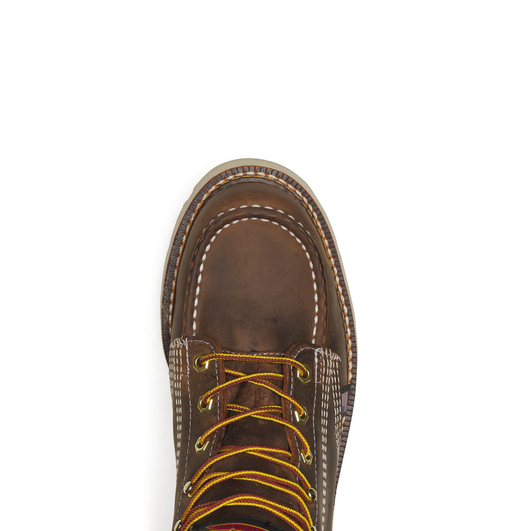 Brown leather boot with yellow laces on a white background