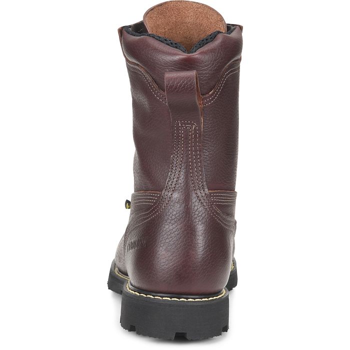 Back view of a brown boot with white background. 
