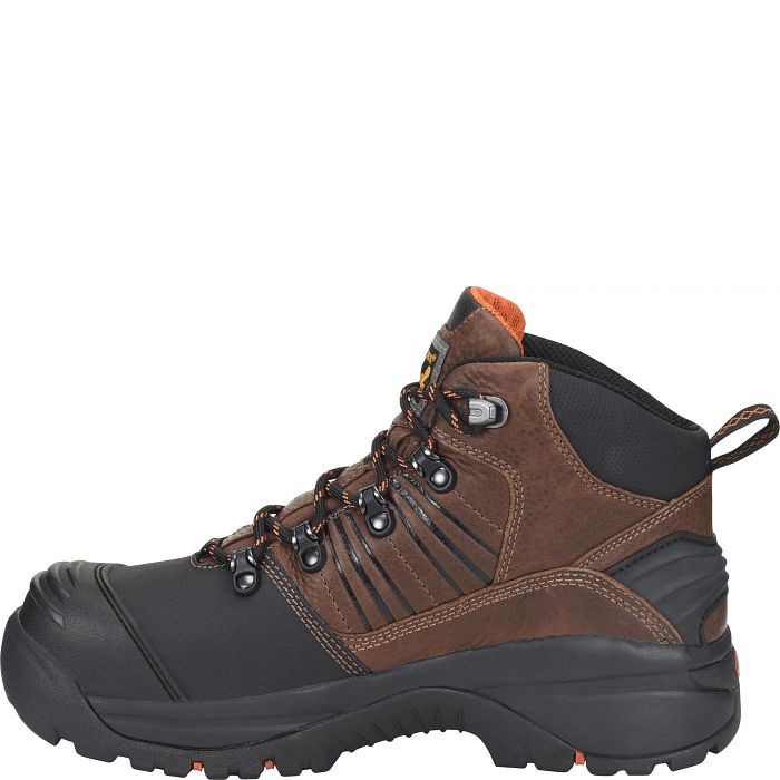A black and brown boot with a white background. 