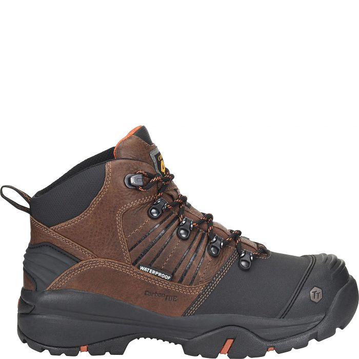 A brown and black boot with a white background. 