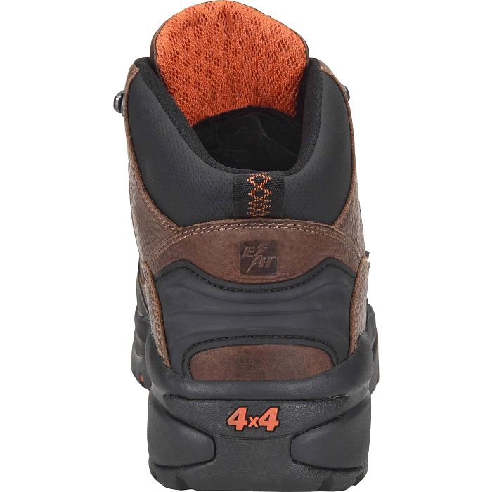 The back view of a black and brown boot with a white background. 