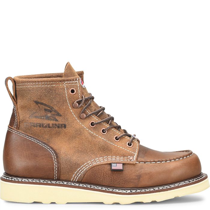 A men's 6-inch steel toe work boot in brown color with a lace-up closure, cushioned footbed, and a wedge outsole.