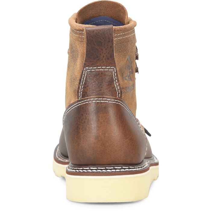 The back view of a brown boot with a white background. 