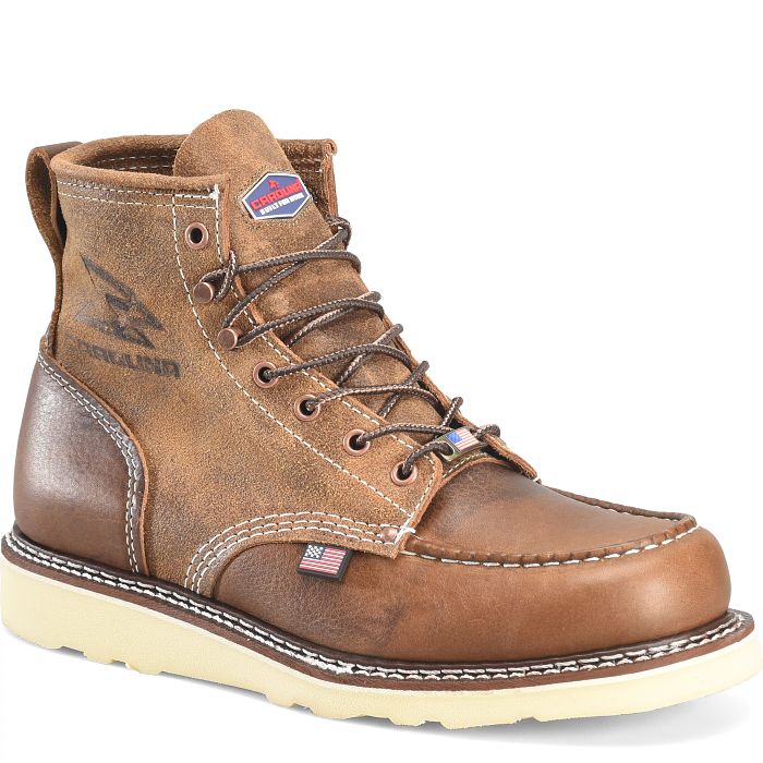 A tan boot with a white background. 